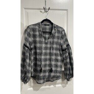 Maven West Plaid Boho Blouse Women’s Small Gray Black Ruffle Neck Tassel Top